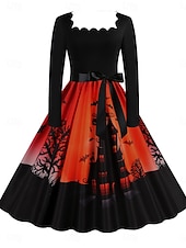 abordables Robe d&amp;#39;Halloween-Halloween Femmes Robe Midi Robe trapèze Occasionnel Quotidien Fête Coupe régulière Potiron manche longue Col carré Jaune foncé Noir Jaune Orange Été Printemps Automne