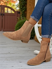 Χαμηλού Κόστους Μπότες Τσέλσι-Γυναικεία μποτάκια chelsea από τεχνητό σουέτ – με φερμουάρ στο πλάι και ελαστικό πάνελ, μπότες chelsea με χαμηλό τακούνι για φθινοπωρινές βόλτες, ψώνια και χαλαρές εξόδους