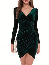 abordables Robe de cocktail-Femmes Mini Robe Robe fourreau Élégant Sexy Coupe régulière Uni manche longue Col en V Noir Vin Vert foncé Bleu Encre Printemps Automne