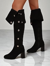 economico Stivali alla moda-stivali sopra il ginocchio da donna in pelle scamosciata bordeaux con tacco a blocco e bottoni decorativi - versatili per l'autunno &amp;calzature invernali alla moda per look streetwear e serali alla