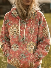 voordelige Boho Tops-Dames Trui met capuchon Sweatshirt Grafisch Regenboog Casual Boho Lange mouw Capuchon Normale tops Straat Dagelijks gebruik Afdrukken Voorvak Rood blauw Paars Oranje Lente Herfst Winter