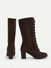 abordables Bottes à la mode-bottes à lacets en daim marron pour femmes - bottes mi-mollet vintage modernes avec talons épais pour la mode de tous les jours, les promenades d&#039;automne et les costumes à thème