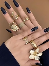 olcso Női Gyűrűk-Női 8 darabos, állítható méretű aranyötvözet gyűrűszett – bohém, mutatós ékszer virágos, kagyló- és geometrikus mintákkal partikra, esküvőkre és mindennapi viseletre