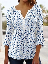 billige Blomstrete topper-Dame Bluse Nyanse Blomstret Grafisk Elegant Årgang Tropisk 3/4 ermer Volanger erme V-hals Vanlige topper Daglig Ut på byen Rynket Knapper Hvit Blå Sommer Vår Høst