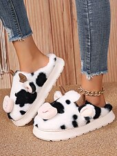 ieftine Flip-Flops de Damă-Papuci drăguți de pluș pentru femei, cu model de vacă, cu design 3D cu animale și căptușeală moale – pantofi confortabili de iarnă pentru casă și cadouri de sărbători