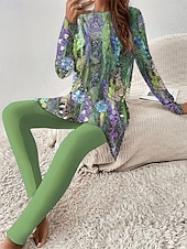 abordables Ensembles deux pièces-Ensemble de pyjama pour femmes Vêtements de détente Col rond Manches longues Mode décontractée Ensembles de pantalons Imprimé floral graphique Quotidien Quotidien Violet Fuchsia Vert Étriqué