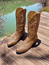 levne Cowboy &amp; Western Boots-Dámské kovbojské boty v westernovém stylu s vyšívaným orlím vzorem a cvočky, boty v retro stylu na blokovém podpatku do poloviny lýtek pro městské nošení