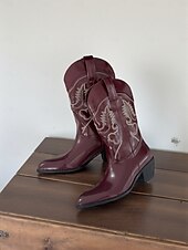 olcso Cowboy és nyugati csizma-női cowboy csizma hímzett western varrással, hegyes orrú és alacsony sarokkal - stílusos városi casual lábbeli női utcai viseletre és mindennapi viseletre