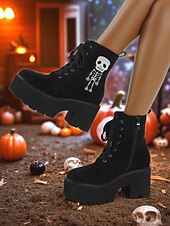 abordables Pour les femmes-Bottines gothiques à plateforme en daim noir pour femmes - Bottines à lacets et talons épais avec broderie squelette pour Halloween et cosplay d&#039;automne &amp;tenue de fête
