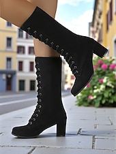abordables Bottes à la mode-bottes à lacets en daim marron pour femmes - bottes mi-mollet vintage modernes avec talons épais pour la mode de tous les jours, les promenades d&#039;automne et les costumes à thème