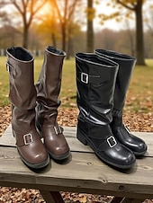 abordables Bottes à la mode-Bottes d&#039;équitation marron pour femmes - style équestre souple en similicuir avec sangles à boucle et talon bas, chaussures décontractées d&#039;automne et d&#039;hiver pour événements en plein air, festivals