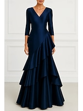 baratos Vestidos de noite com cintura império-Linha A Vestidos de noite Elegante Traje formal Formal Casamento Longo Manga Longa Decote V Cetim com Pregas Fru-Fru 2025