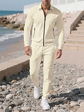 preiswerte Lässige Jacken-Herren Leichte Jacke Freizeitjacke Set Urlaub Täglich Atmungsaktiv Tasche 2 teilig Frühling Herbst Einfach Mode Klassisch Revers Regulär Schwarz Weiß Königliches Blau Khaki Grau Jacken