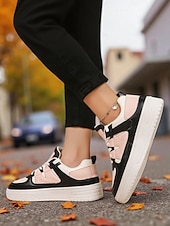 cheap Women's Sneakers-Women's Pink and Black Colorblock Lace-Up Sneakers - Comfortable Faux Leather Platform Walking Shoes for Casual Outfits, Street Style and Autumn Travel
