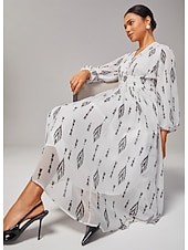 levne Květinové šaty-Dámské černobílé šifonové maxi šaty s potiskem, elegantní, se stahujícím pasem, slim fit, večírek, do práce, denně, podzim