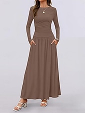 voordelige Witte jurk-Dames Maxi-jurk Trui-jurk A lijn jurk Casual Dagelijks Normale pasvorm Effen Lange mouw Strakke ronde hals Zwart Blozend Roze Rood Bruin Lente Herfst Winter
