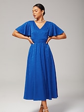 economico Abiti floreali-Abito lungo da donna per invitati a matrimoni, blu royal, scollo a V, jacquard sottile, raso lucido, elegante, alla moda, con cintura in vita, vestibilità aderente, per feste, tutti i giorni, autunno