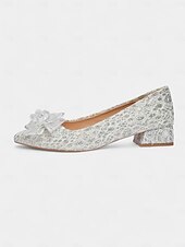 economico Formale-scarpe da sposa da donna con tacco basso e blocco in pizzo glitterato - eleganti décolleté da sposa con punta a punta e fiocco di cristalli per spose, damigelle ed eventi formali