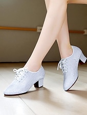 baratos Ténis de Dança-Sapatos de dança brancos com cadarço para mulheres - calçados de salão de salto grosso e brilhante com design de malha respirável para prática e performance