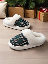 baratos Chinelos de mulher-chinelos de Natal xadrez vermelhos para mulheres com forro de pele sintética e sola acolchoada – sapatos confortáveis para usar em casa, para presentes de inverno e feriados