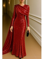 preiswerte Ballkleider-Schlauchkleid Abendkleid Elegant Formelle Kleidung Formell Hochzeit Bodenlang Langarm Hoher Ausschnitt Capes Paillettenbesetzt mit Glitzer 2025