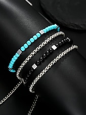 رخيصةأون مجوهرات رجالية-مجموعة أساور رجالية من الخرز الفيروزي والسلسلة الفضية - مجوهرات قابلة للتعديل على طراز شاطئ بوهو للملابس غير الرسمية والصيفية وملابس العطلات