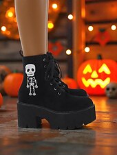abordables Pour les femmes-Bottines gothiques à plateforme en daim noir pour femmes - Bottines à lacets et talons épais avec broderie squelette pour Halloween et cosplay d&#039;automne &amp;tenue de fête