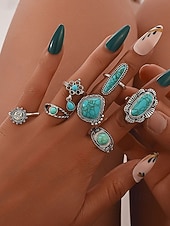 Women's Turquoise Ring Set - Multi-Piece Set of Vintage Bohemian Alloy Jewelry for Women's Holidays, Beach Vacations and Everyday Wear cheap Women's Rings-Women's Turquoise Ring Set - Multi-Piece Set of Vintage Bohemian Alloy Jewelry for Women's Holidays, Beach Vacations and Everyday Wear