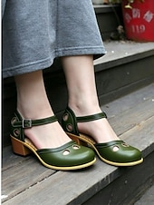 tanie Mary Jane szpilki-damskie buty vintage typu mary jane ze skóry ekologicznej na obcasie z wycięciem i regulowanym paskiem – wygodne buty retro na klockowym obcasie na okazje codzienne i formalne