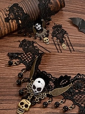 abordables Accesorios de Halloween-Conjunto de collar y pendientes de araña y calavera de Halloween para mujer: diseño de red de encaje negro con gema roja, perfecto para fiestas y disfraces de Halloween.