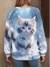 billige Dyr Topp-Dame Pullover Grafisk Katt Fritid Langermet Crew-hals Vanlige topper Avslappet Blå Lilla Kakifarget Grå Høst Vinter