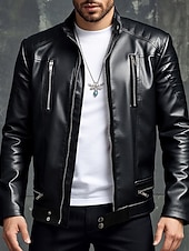 abordables Veste en simili-cuir-Homme Veste en Similicuir Veste moto Blouson de Moto Vacances Quotidien Coupe-vent Chaud Avec Poches Automne Hiver Uni Mode Classique Col montant Régulier Noir Veste