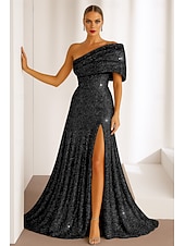 cheap Empire Waist Evening Dresses-Sequined Gold Black A-Line Cocktail Dresses Elegant Dress Formal Wedding Floor Length Sleeveless One Shoulder Sequined with Glitter 2025