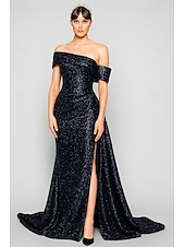 cheap Ball Gown Evening Dresses-Sequined Black Blue A-Line Evening Gown Elegant Dress Carnival Formal Floor Length Short Sleeve One Shoulder Detachable with Glitter 2025