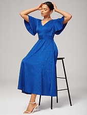 economico Abiti floreali-Abito lungo da donna per invitati a matrimoni, blu royal, scollo a V, jacquard sottile, raso lucido, elegante, alla moda, con cintura in vita, vestibilità aderente, per feste, tutti i giorni, autunno