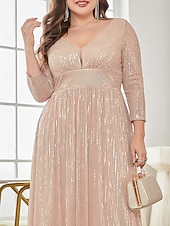 economico Semi-formale / Cocktail-Linea ad A Lunghezza al pavimento Abiti da festa Elegante Manica Lunga Scollo a V Formale Invitato a matrimonio autunnale Con Paillettes con Glitter Paillettes