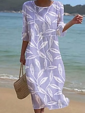 olcso Virágos ruhák-Női Maxi Ruha Kaftan 3/4 Hosszú Ujjú Környakú Lazac Átmeneti Ruha A vonalú Ruha Boho Normál Fitt Grafika Levél Sárga Rózsaszín Kék Lila Tavasz Ősz