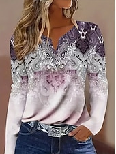 billige Boho t-skjorte-Dame T skjorte Grafisk Planter Stamme Årgang Stilfull Fritid Langermet V-hals Hals med hakk Vanlige topper Daglig Helg Trykt mønster Blå Lilla Vår Høst Vinter