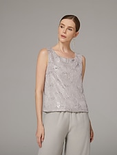 baratos Terninhos de calça da mamãe-Terninho Traje de 3 peças Longo Vestido Para Mãe dos Noivos Sem Manga Scoop pescoço Elegante Convidado do casamento Chiffon Renda Embrulho incluido com Lantejoulas