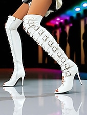 baratos Festa da Vida Noturna-Botas femininas brancas com fivela alta na coxa - botas de festa sexy com salto agulha e peep toe para mulheres, calçados da moda gótico punk para boates, apresentações de palco e festivais