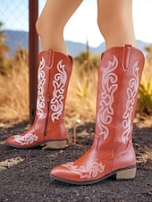 levne Cowboy &amp; Western Boots-Dámské kovbojské boty v westernovém stylu do poloviny lýtek – červená umělá kůže s bílou výšivkou, boční zip a nízký podpatek, ideální na country festivaly, rodeo outfity a ležérní podzimní streetwear.