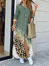 billiga Konst &amp; Design Klänning-Dam Maxiklänning Skiftklänning Ledigt Dagligen Datum Normal Nyans Leopard Långärmad Tröjkrage Svart Blå Grön Grå Sommar Vår Höst