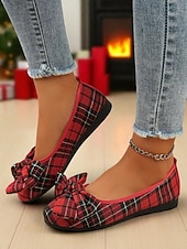 economico Ballerine da donna-ballerine da donna a quadri rossi con grande fiocco – ballerine casual in stile natalizio per feste, shopping e outfit quotidiani