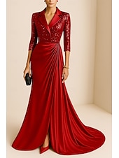 billige Tuxedokjoler-Havfrue Kveldskjoler Elegant Kjole Formell Bryllup Gulvlengde Langermet Knaphul Champagne Mother Of the Bride-kjole Elastisk satin med Glimmer Plissert 2025