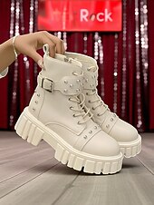 abordables Bottes motard-bottes motardes cloutées en similicuir noir pour femme avec semelle plateforme épaisse et fermeture éclair latérale &amp;Bottines à boucle style punk pour ados et femmes, idéales pour les concerts et le