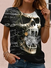 preiswerte Halloween Oberteile-Halloween Damen T Shirt Grafik Schädel Halloween Vintage Stilvoll Klassisch Kurzarm Rundhalsausschnitt Normale Oberteile Täglich Wochenende Druck Schwarz Rote Leicht Braun Blau Orange Herbst Winter