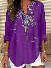 Women's Blouse Floral Graphic Vintage Daily Stylish Long Sleeve Notched Neck Regular Tops Daily Holiday Print Blue Purple Spring Fall4