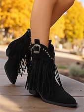 abordables Cowboy y botas occidentales-Botines de ante con flecos para mujer, ribete tachonado y hebilla estilo western, estilo vaquero bohemio.
