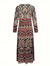 billiga Boho-klänning-Dam Midiklänning T shirtklänning A linjeklänning Semester Ledigt Boho Dagligen Helgdag Datum Normal Blommig Grafisk Geometrisk Långärmad V-hals Mörkbrun Vit Rostig röd Rubinrött Höst Vinter