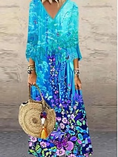 billiga Boho-klänning-Dam Midiklänning T shirtklänning A linjeklänning Semester Ledigt Boho Dagligen Helgdag Datum Normal Blommig Grafisk Geometrisk Långärmad V-hals Mörkbrun Vit Rostig röd Rubinrött Höst Vinter